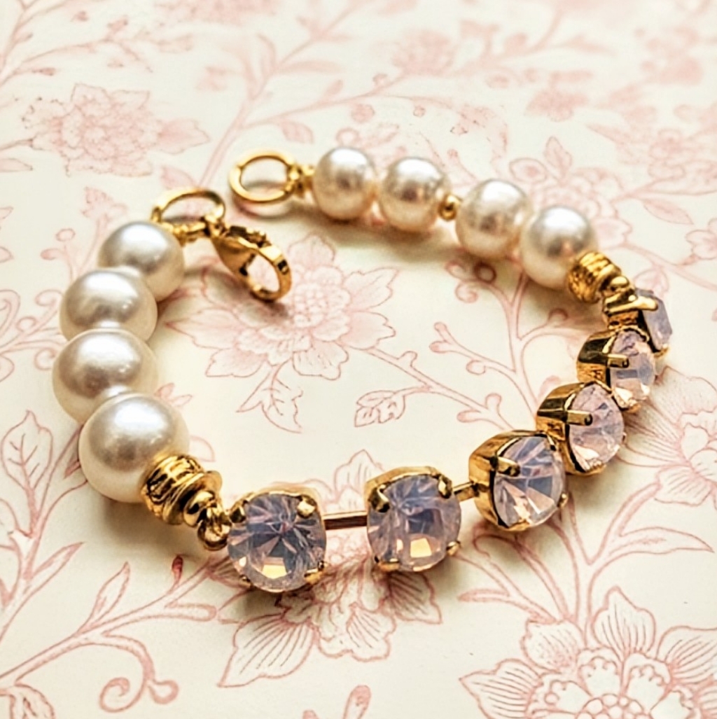Pink Rosewater Opal Crystal And White Freshwater Pearls In Gp Bracelet